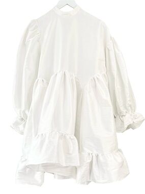 NWT ZVOLI White Mock Neck Bishop Sleeve Asymmetrical Oversized Mini Baby Dress